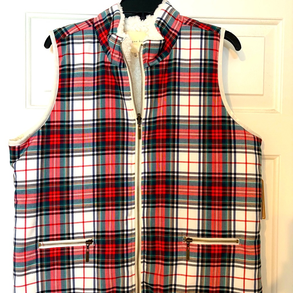 Christmas plaid-fleece lined vest.